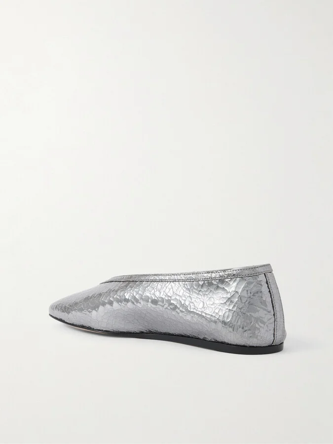 Le Monde Béryl - Luna Metallic Crinkled-leather Ballet Flats - Silver - Image 3