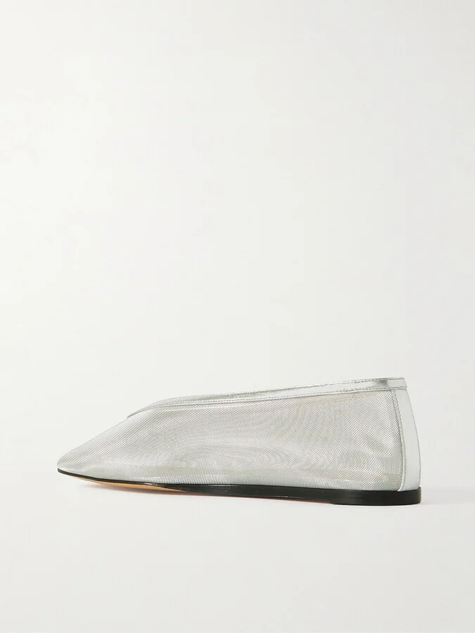 Le Monde Béryl - Luna Metallic Leather-trimmed Mesh Ballet Flats - Silver - Image 3