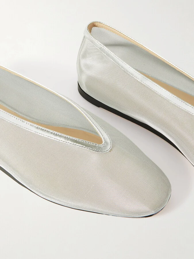 Le Monde Béryl - Luna Metallic Leather-trimmed Mesh Ballet Flats - Silver - Image 4
