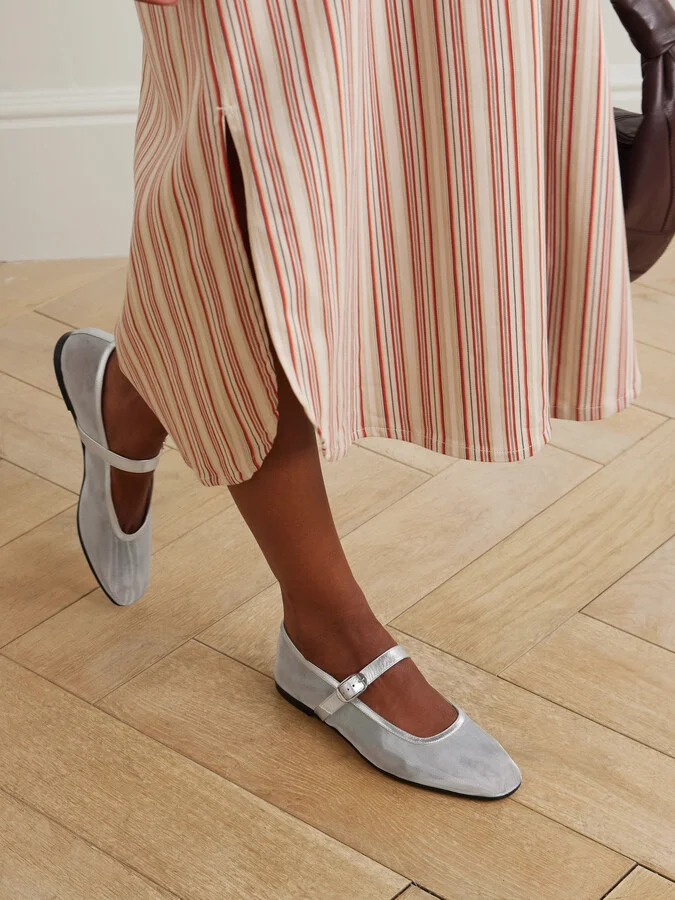 Le Monde Béryl - Metallic Leather-trimmed Mesh Mary Jane Ballet Flats - Silver - Image 2