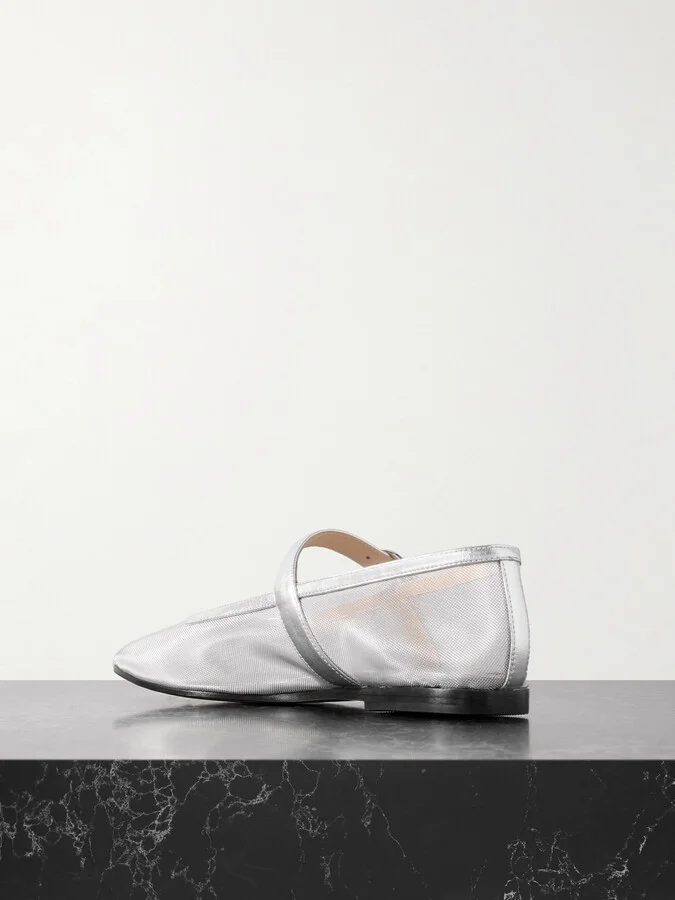 Le Monde Béryl - Metallic Leather-trimmed Mesh Mary Jane Ballet Flats - Silver - Image 3