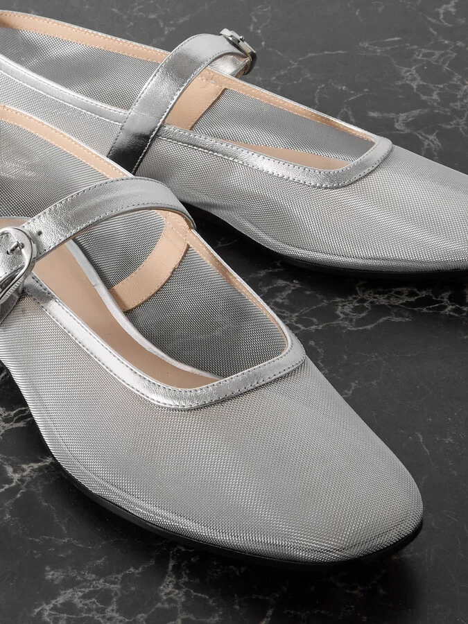 Le Monde Béryl - Metallic Leather-trimmed Mesh Mary Jane Ballet Flats - Silver - Image 4