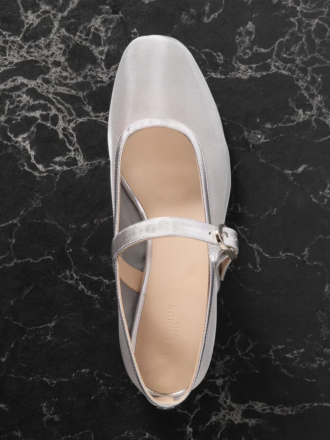 Le Monde Béryl - Metallic Leather-trimmed Mesh Mary Jane Ballet Flats - Silver - Image 5