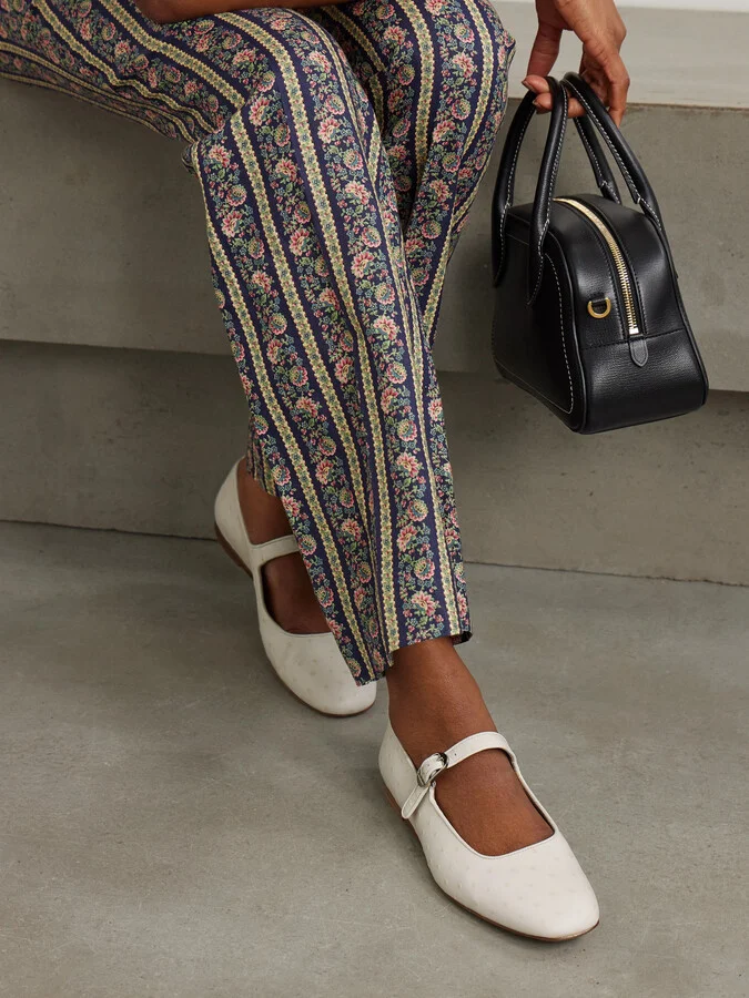 Le Monde Béryl - Ostrich-effect Leather Mary Jane Ballet Flats - Ivory - Image 2