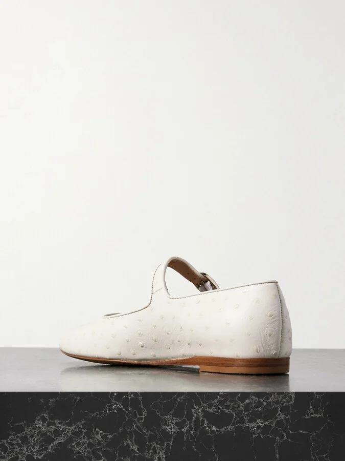 Le Monde Béryl - Ostrich-effect Leather Mary Jane Ballet Flats - Ivory - Image 3