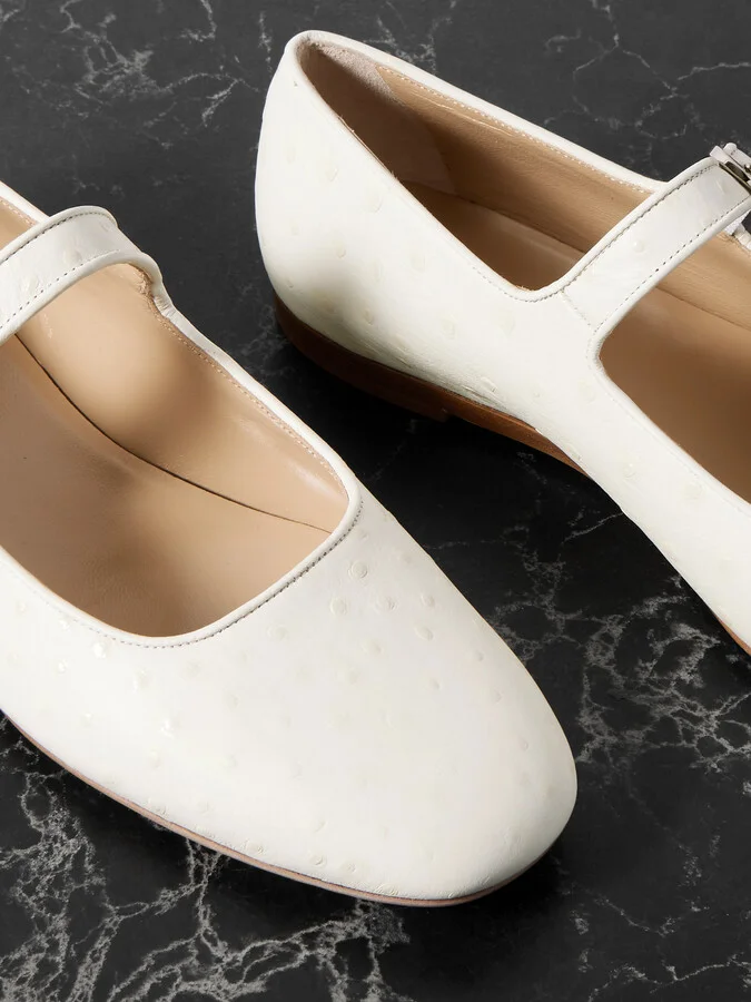 Le Monde Béryl - Ostrich-effect Leather Mary Jane Ballet Flats - Ivory - Image 4