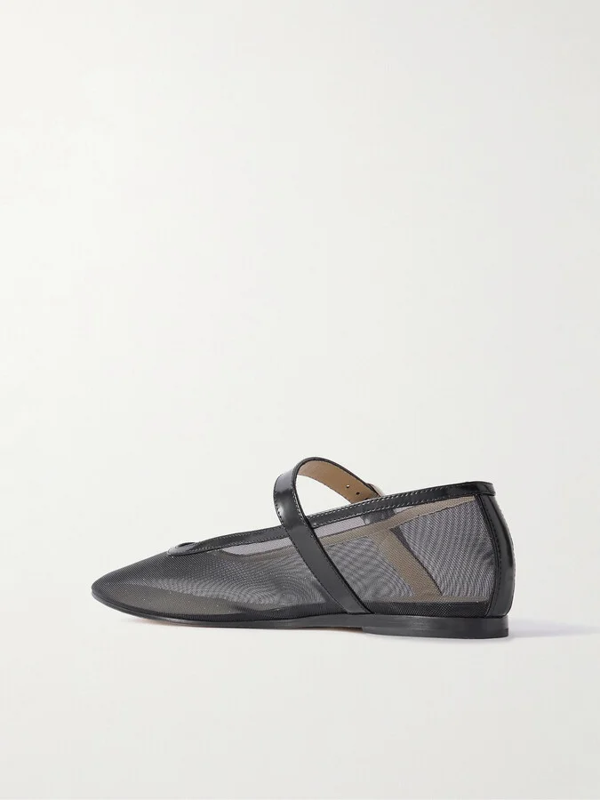 Le Monde Béryl - Patent Leather-trimmed Glittered Mesh Mary Jane Ballet Flats - Black - Image 3