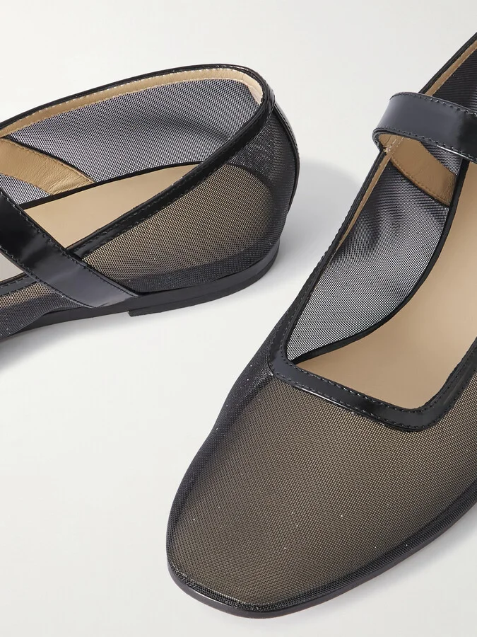 Le Monde Béryl - Patent Leather-trimmed Glittered Mesh Mary Jane Ballet Flats - Black - Image 4