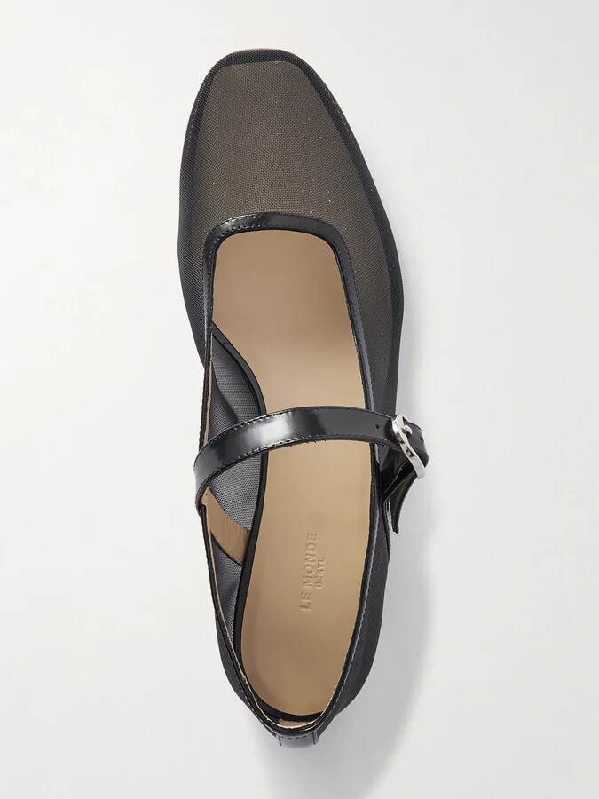 Le Monde Béryl - Patent Leather-trimmed Glittered Mesh Mary Jane Ballet Flats - Black - Image 5