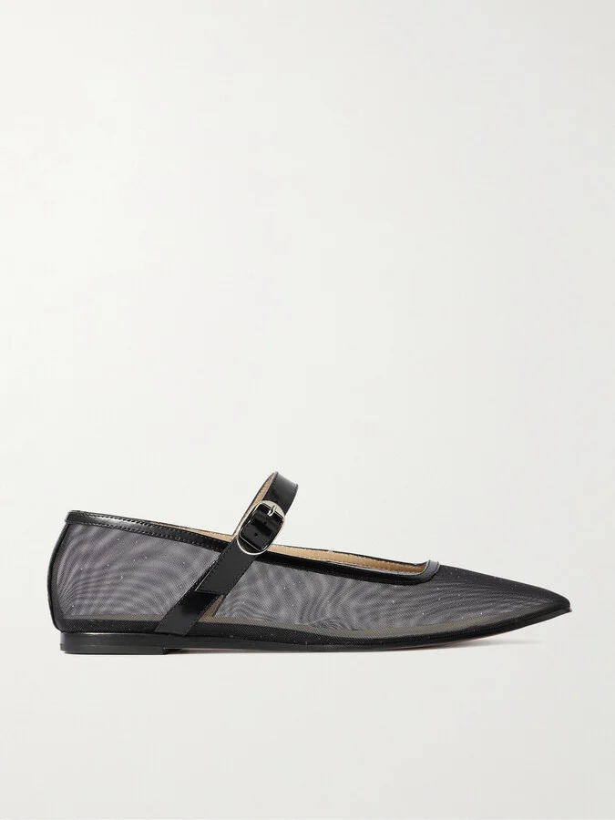 Le Monde Béryl - Patent Leather-trimmed Glittered Mesh Mary Jane Ballet Flats - Black