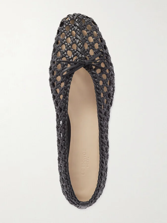 Le Monde Béryl - Regency Bow-embellished Woven Leather Ballet Flats - Black - Image 5