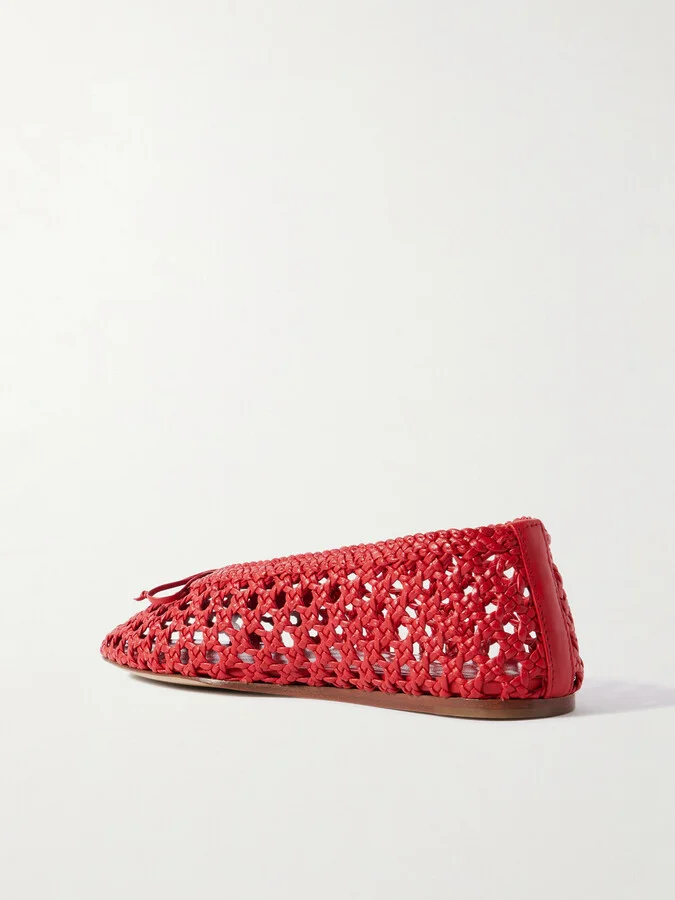 Le Monde Béryl - Regency Bow-embellished Woven Leather Ballet Flats - Red - Image 3