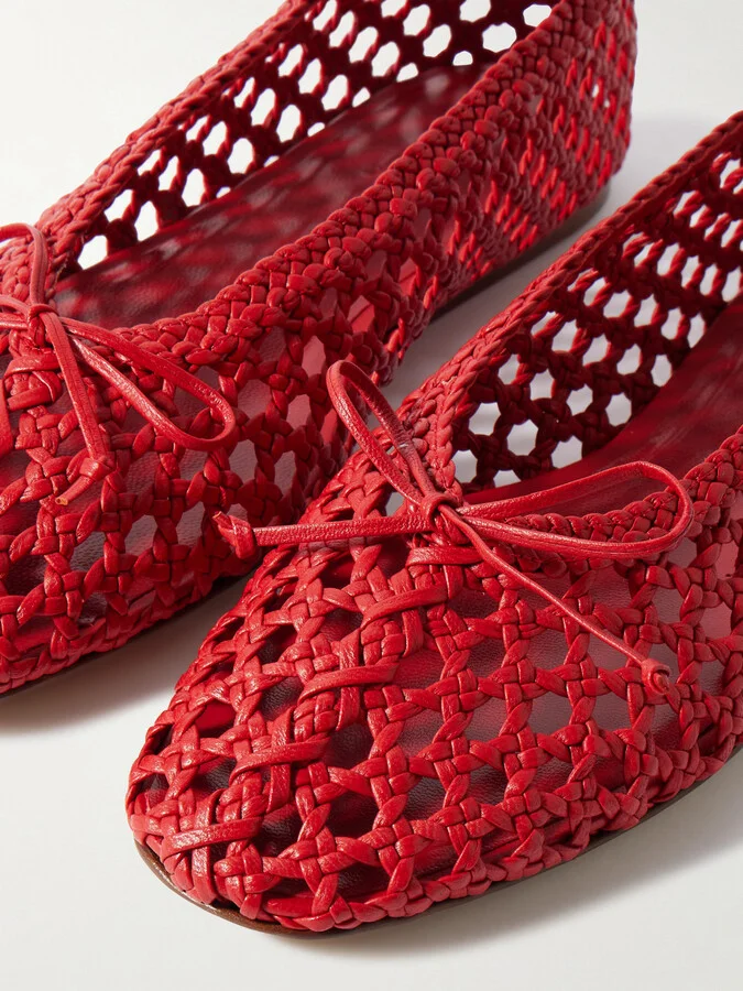 Le Monde Béryl - Regency Bow-embellished Woven Leather Ballet Flats - Red - Image 4