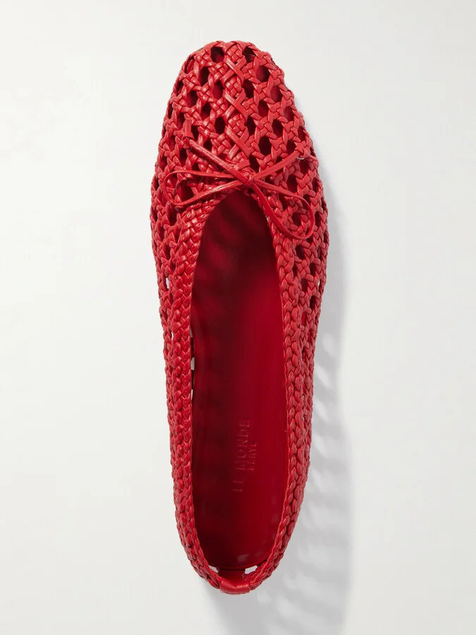 Le Monde Béryl - Regency Bow-embellished Woven Leather Ballet Flats - Red - Image 5