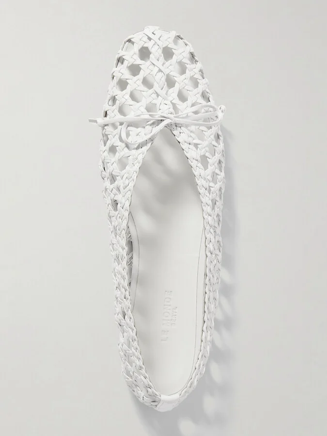 Le Monde Béryl - Regency Bow-embellished Woven Leather Ballet Flats - White - Image 5
