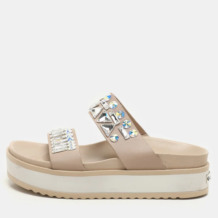 Le Silla Beige Leather Crystal Embellished Platform Sandals Size 37
