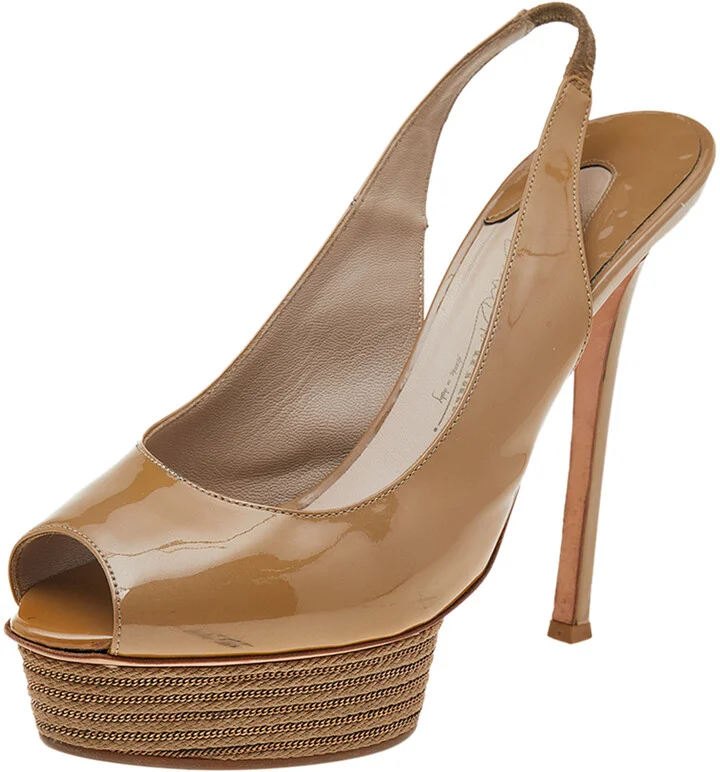 Le Silla Beige Patent Leather Peep Toe Slingback Sandals Size 40