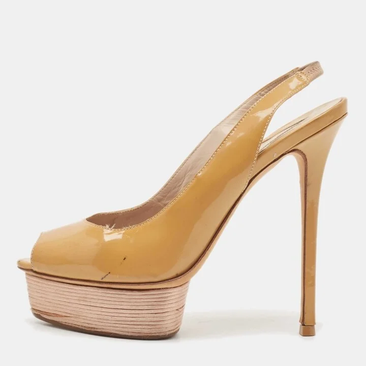Le Silla Beige Patent Leather Slingback Platform Sandals Size 37
