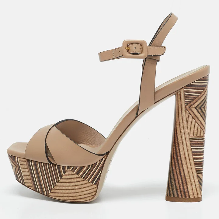 Le Silla Beige Printed Leather Ankle Strap Platform Sandals Size 39