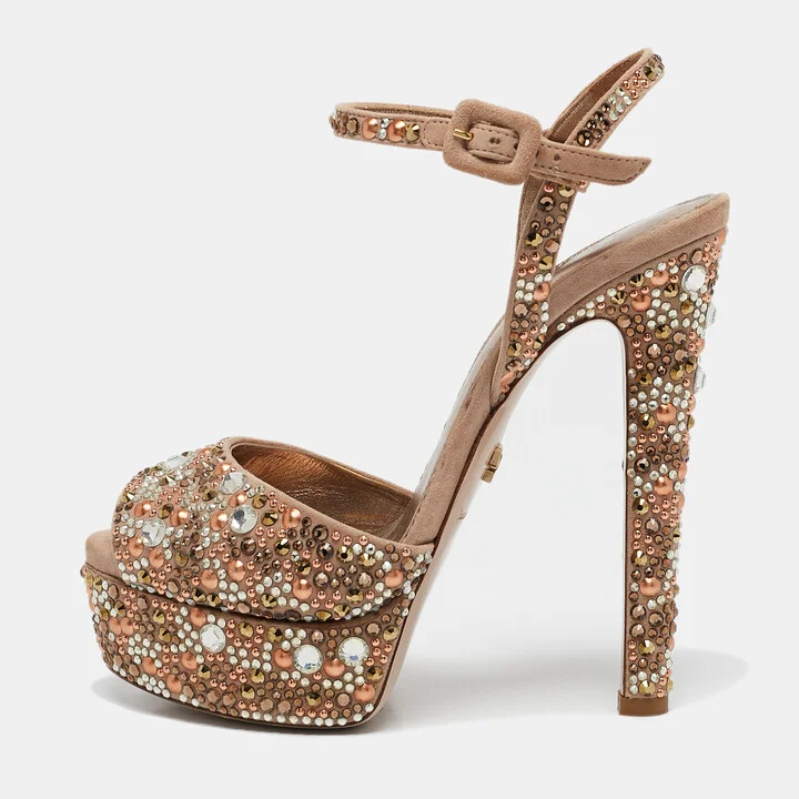 Le Silla Beige Suede Crystal Embellished Platform Ankle Strap Sandals Size 37