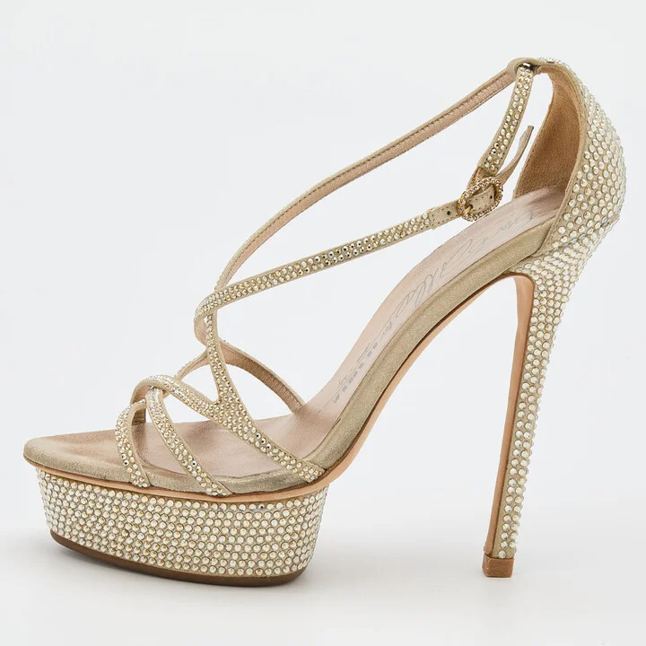 Le Silla Beige Suede Crystal Embellished Strappy Platform Sandals Size 37