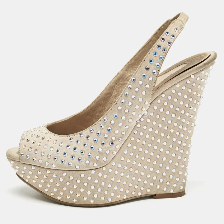 Le Silla Beige Suede Crystal Embellished Wedge Sandals Size 38
