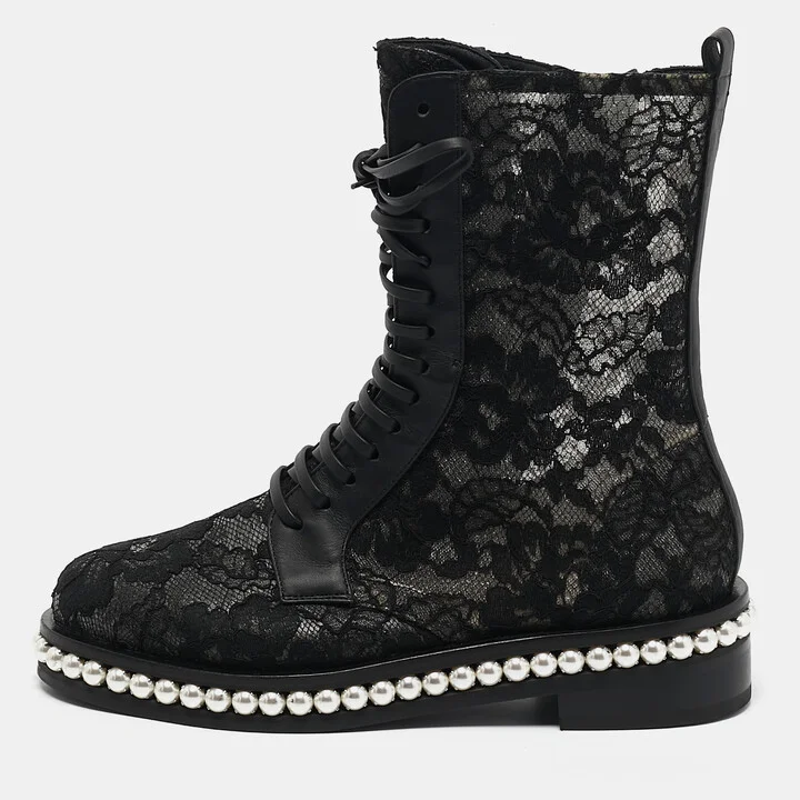 Le Silla Black Lace and Leather Pearl Embellished Combat Boots Size 37