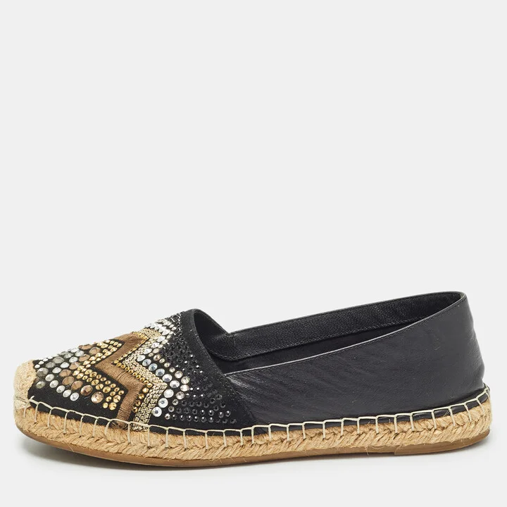 Le Silla Black Leather and Embellished Suede Espadrille Flats Size 37