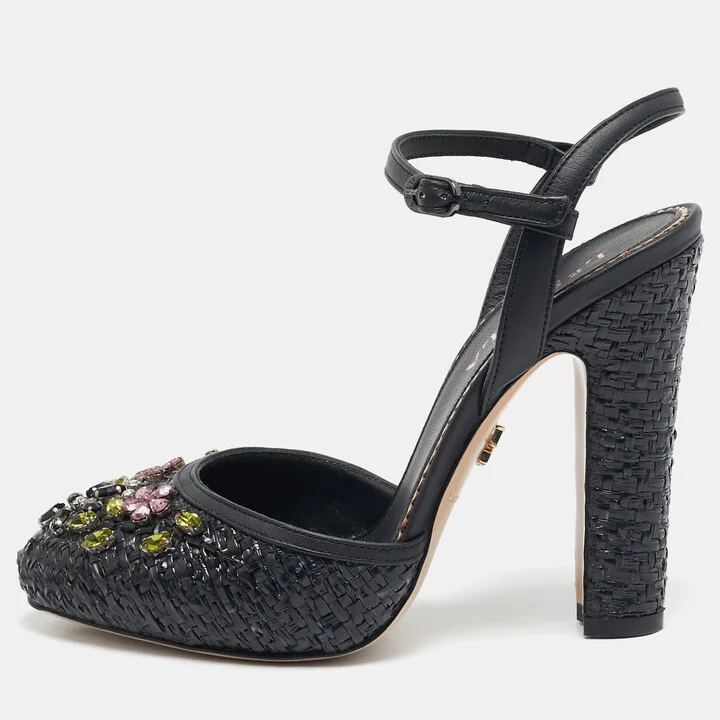 Le Silla Black Leather and Raffia Crystal Embellished Ankle Strap Sandals Size 36