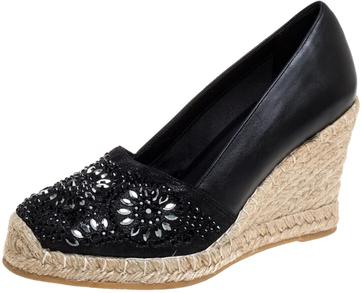 Le Silla Black Leather And Suede Embellished Wedge Espadrille Pumps Size 37