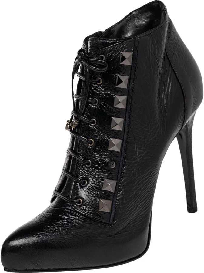 Le Silla Black Patent Leather Lace Up Studded Ankle Booties Size 38.5