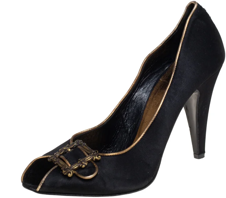 Le Silla Black Satin Buckle Peep-Toe Pumps Size 39