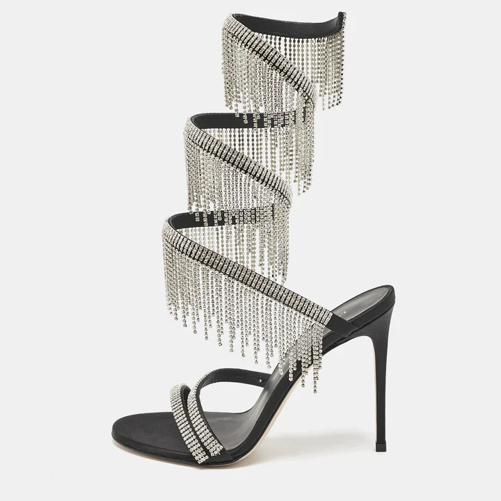 Le Silla Black Satin Crystal Embellished Jewels Ankle Wrap Sandals Size 38