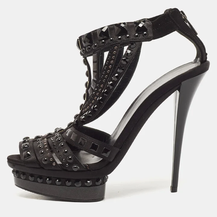 Le Silla Black Satin Crystal Embellished Platform Sandals Size 38