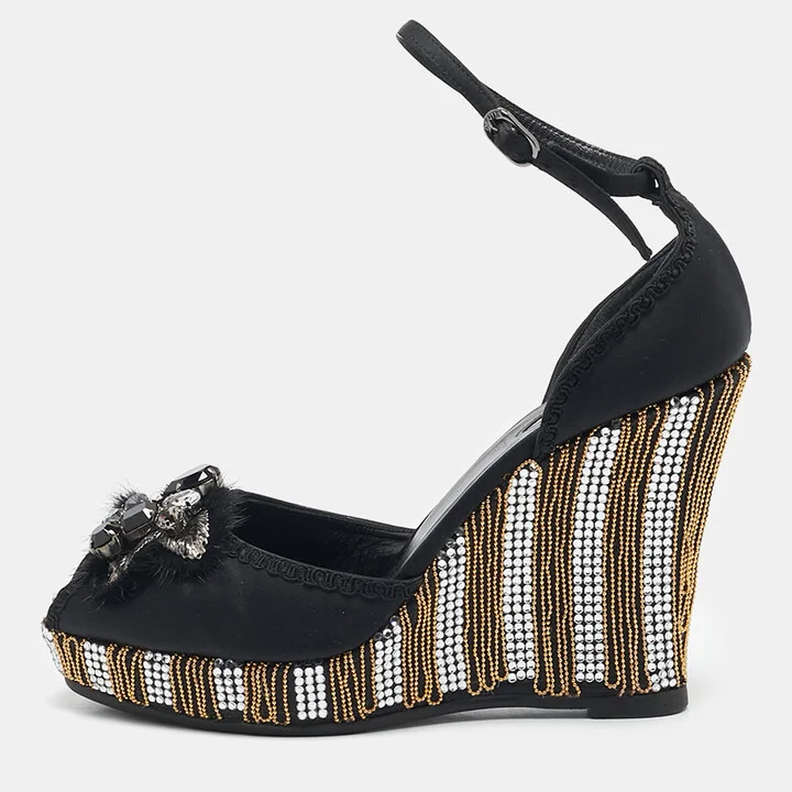 Le Silla Black Satin Embellished Ankle Strap Sandals Size 36