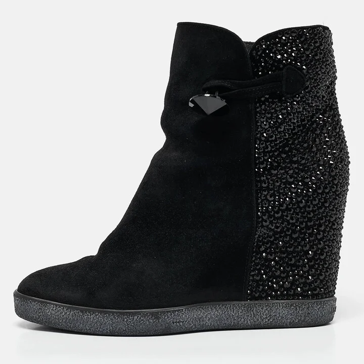 Le Silla Black Suede Crystal Embellished Wedge Ankle Length Boots Size 37