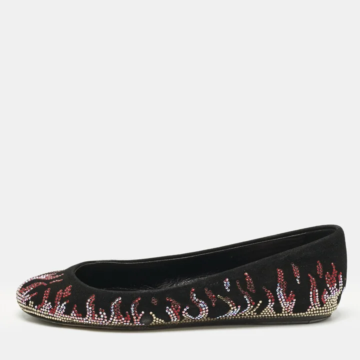 Le Silla Black Suede Fire Crystals Embellished Ballet Flats Size 36