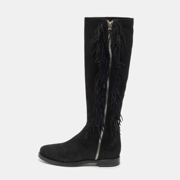 Le Silla Black Suede Fringe Trim Knee Length Boots Size 37.5