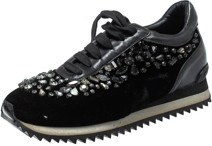 Le Silla Black Velvet and Leather Crystal Embellished Low Top Sneakers Size 36.5