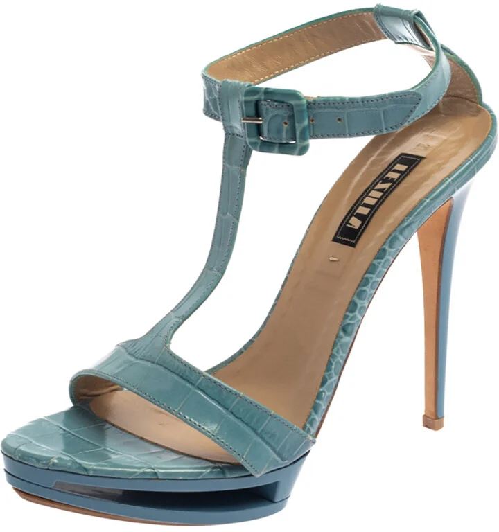Le Silla Blue Croc Embossed Leather Embossed T-Strap Platform Sandals Size 37