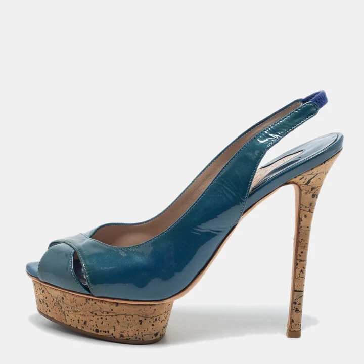 Le Silla Blue Patent Leather Slingback Sandals Size 41