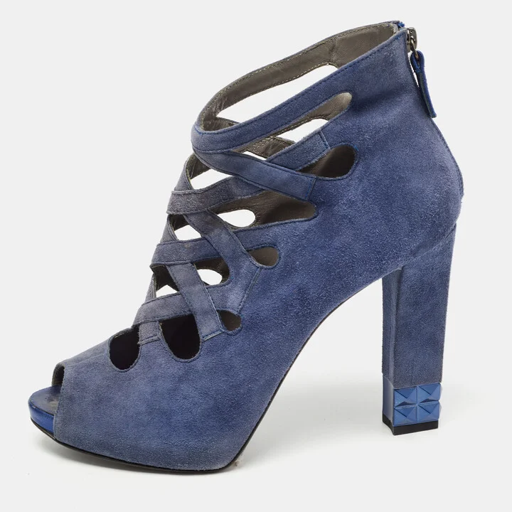 Le Silla Blue Suede Cut Out Peep Toe Platform Ankle Boots Size 38.5