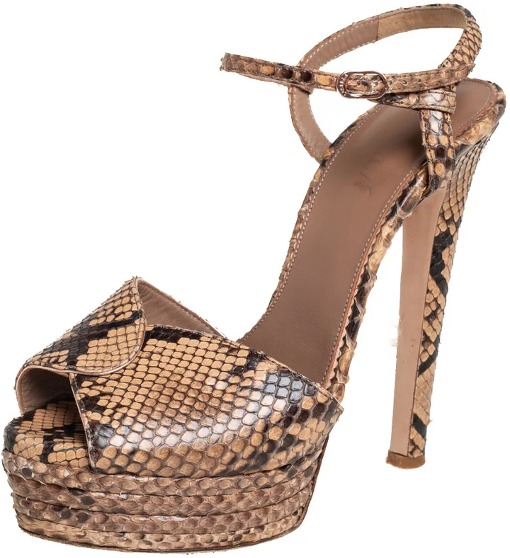 Le Silla Brown/Beige Python Ankle Strap Platform Sandals Size 40.5