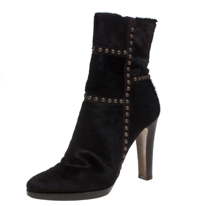 Le Silla Brown Calf Hair Studded Studded Ankle Boots Size 37