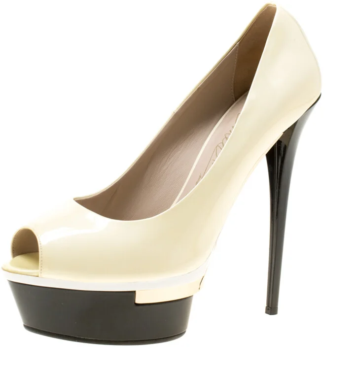 Le Silla Cream Patent Leather Peep Toe Platform Pumps Size 39