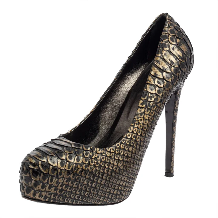 Le Silla Dark Green/Gold Python Leather Platform Pumps Size 39