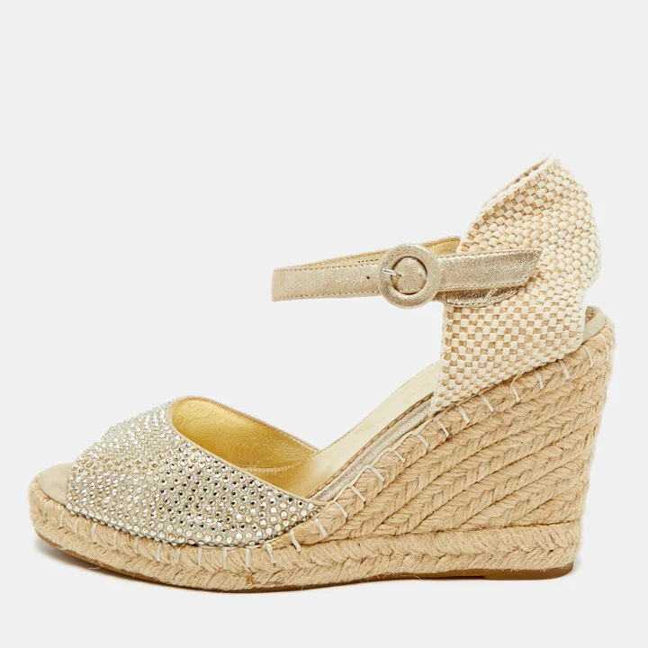 Le Silla Gold Leather and Suede Crystal Embellished Espadrille Wedge Sandals Size 38