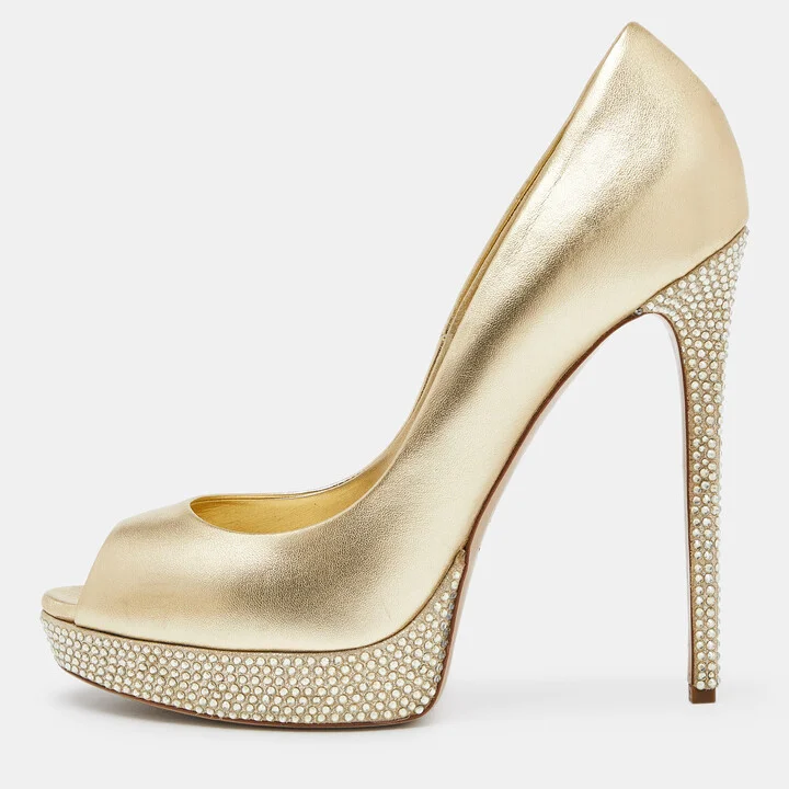 Le Silla Gold Leather Crystal Embellished Platform Peep Toe Pumps Size 40