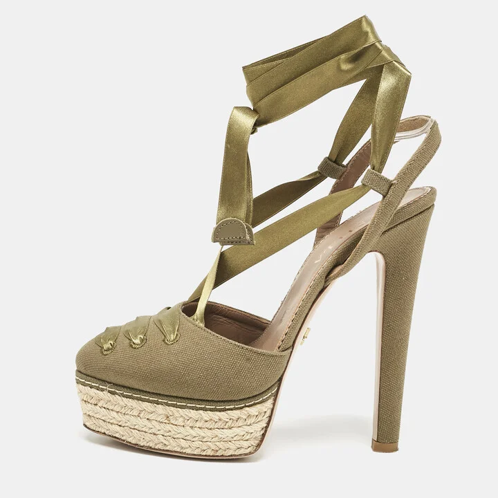 Le Silla Green Canvas Platform Ankle Tie Pumps Size 36