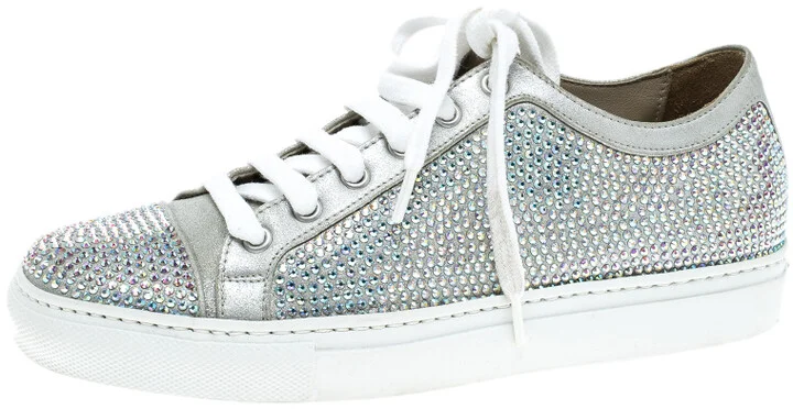 Le Silla Grey Crystal Embellished Suede Lace Up Sneakers Size 36